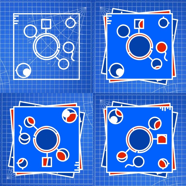 Independence series low resolution image of abstract art in four panels, each with a paper-cutting board as the background. Blue and white with red accents.